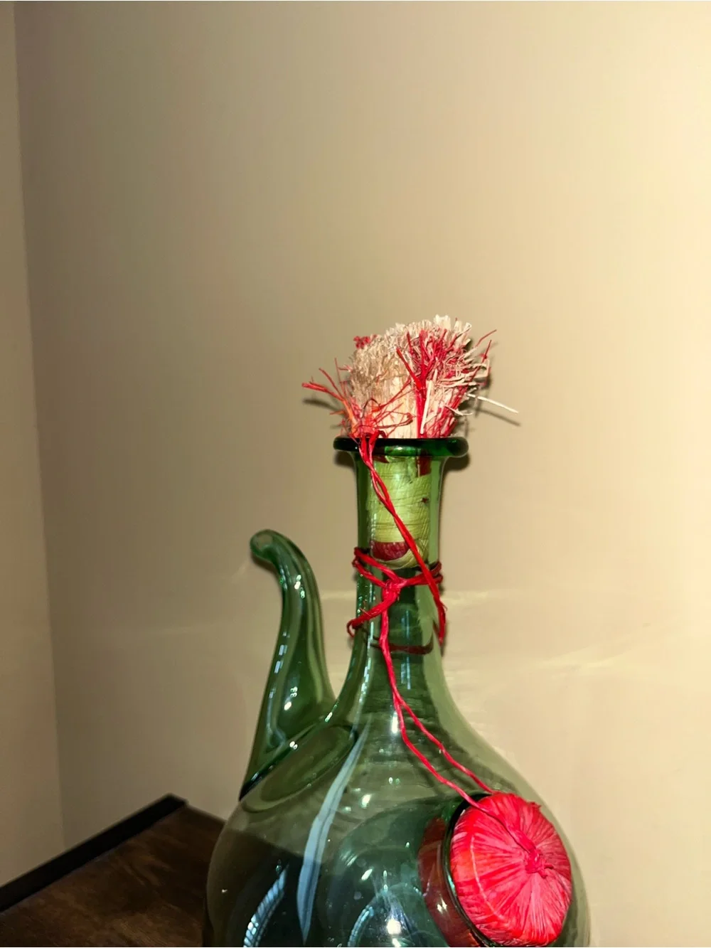 Green Glass Decorative Cruet with Red Accents